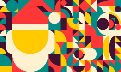 Colorful Bauhaus design flat geometric abstract style in retro color. Christmas background Santa Claus head and hat in flat geometric style.