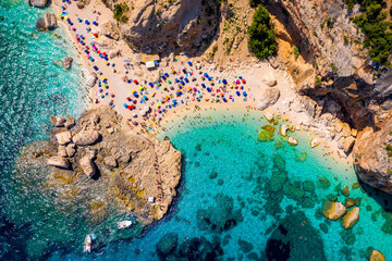 Cala Goloritze view from above. Cala Mariolu famous beach. Italy Sardinia Nuoro province National Park of the Bay of Orosei and Gennargentu Cala Mariolu listed as World Heritage. Sardinia, Italy.