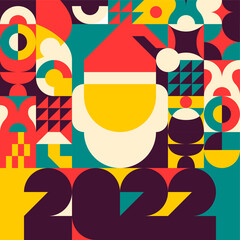 Colorful Bauhaus design flat geometric abstract style in retro color. Christmas background Santa Claus head and hat in flat geometric style. 2022 year celebration letter 