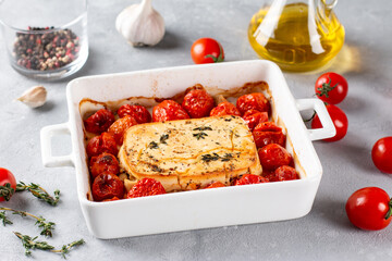 Baked feta pasta. Feta cheese and tomatoes in garlic oil. In the oven it turns into an amazing...