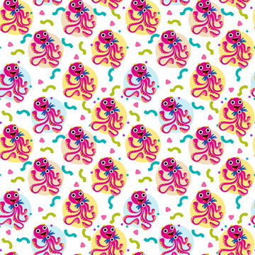 Cheerful pink octopuses among confetti on a white background, Seamless cute baby pattern. Illustration of a monster in a childish style, drawing by hands. Alien print for packaging and design