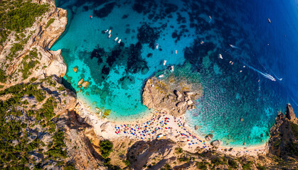Fototapeta na wymiar Cala Goloritze view from above. Cala Mariolu famous beach. Italy Sardinia Nuoro province National Park of the Bay of Orosei and Gennargentu Cala Mariolu listed as World Heritage. Sardinia, Italy.