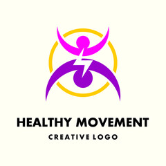 Gymnastic Logo, gymnastics logo template, gym. logo for a healthy gymnastics group or community. 2 person shape icon and power icon in a circle