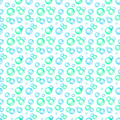 Seamless pattern with beautiful blue and green soap bubbles on a white background. Hygiene print in watercolor style. Art in children's cartoon style. Raster illustration, hand drawing