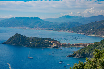 Fototapeta na wymiar View on the Italian city. View from montain. Sestri Levante. Liguria. Italy