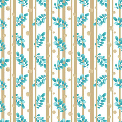 Beautiful seamless pattern with acacia leaves and gold peas on a striped background. Illustration in realistic watercolor style, hand drawing. Spring tender print for print design