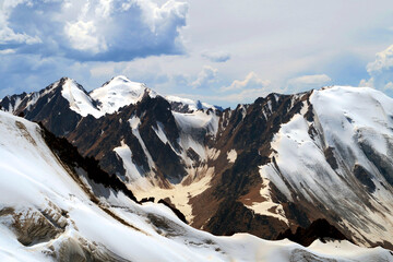 Sharp mountains with rocks, stones and glaciers