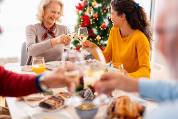 Mother and daughter making a toast over Christmas dinner