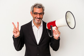 Middle age business man holding a megaphone isolated on white background  showing number two with fingers.