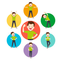 set of strong man healthy from exercise various actions in circle chart