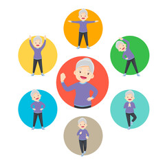 set of strong elderly woman healthy from exercise various actions in circle chart