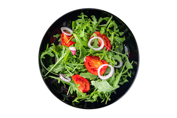 salad fresh vegetable arugula, tomato, onion plate meal snack on the table copy space food background 
