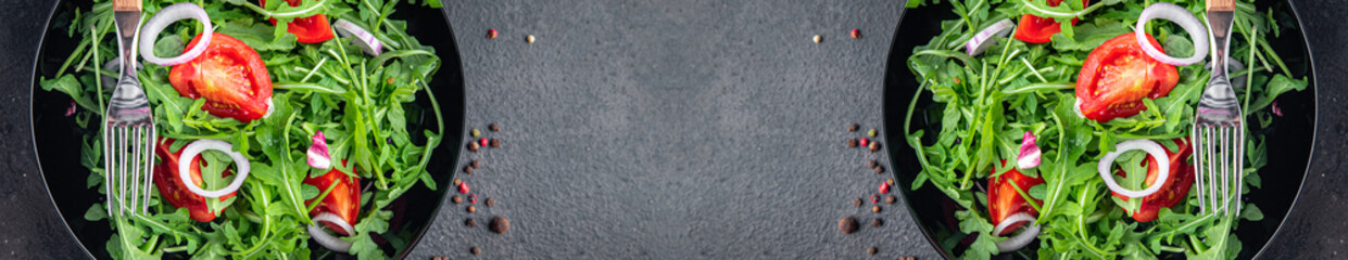 salad fresh vegetable arugula, tomato, onion plate meal snack on the table copy space food background 