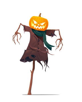 The scarecrow with a pumpkin head is isolated on a white background. The vector illustration of a cartoon character for Halloween.