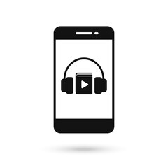 Mobile phone with Audiobook sign flat design icon.