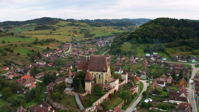 Aerial view of the Fortified Church of Biertan in Transylvania, Romania