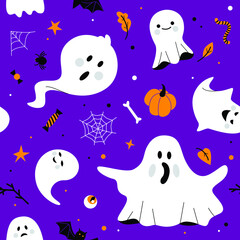 Halloween vector seamless pattern. Cartoon ghosts background. Autumn funny print.