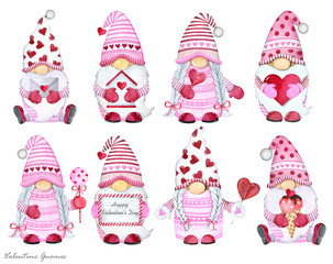 Set of cute Gnomes for valentine's day. Watercolor illustration. Valentines Gnomes on white background.

