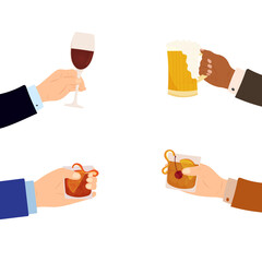 Hand drawn cartoon vector illustration of diverse male and female hands holding various drinks. Celebration, office party. Isolated on white.