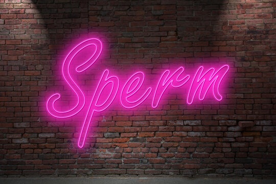 Neon sperm (in german Sperma) lettering on Brick Wall at night