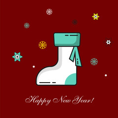 Christmas Stocking for Gifts. Happy New Year card. Christmas gifts. Sticker. Vector illustration. White and green sock decorated with snowflakes and stars. 