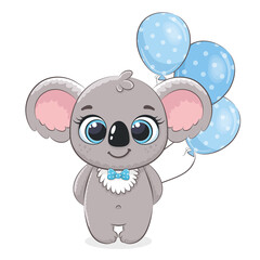 Cute koala boy with a bow and balloons. Vector illustration of a cartoon.