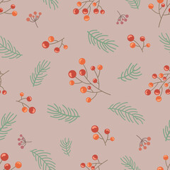 Orange berries of rowan, fir branches  on a light pink background. Seamless winter doodle pattern. Suitable for packaging, wallpaper.