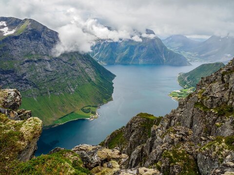 Views of mountains and waterfalls from Urke ridge trail (Urkeega), Norway