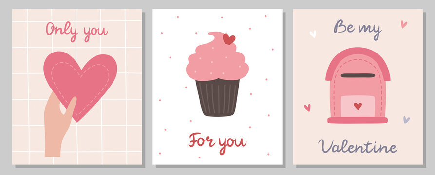A set of Valentine's Day cards. A hand holds a heart, a sweet cake, a mailbox. Vector illustration. Templates for invitations, greeting cards, posters, postcards