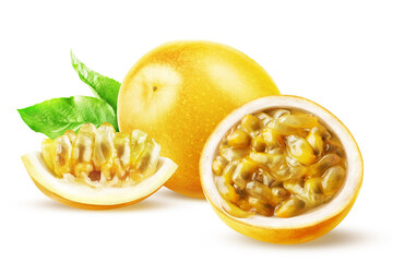 Ripe yellow passionfruit: whole, half, wedge and green leaf isolated on white background.