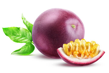 Ripe purple passion fruit and slice with pulp and seeds isolated on white background.