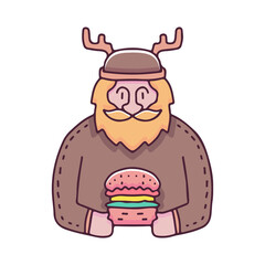 Bearded man with deer costume holding burger illustration. Vector graphics for t-shirt prints and other uses.