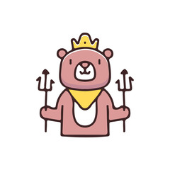 Bear with crown and holding trident cartoon illustration. Vector graphics for t-shirt prints and other uses.