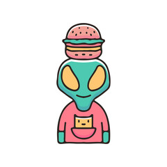 Cool alien with burger on head illustration. Vector graphics for t-shirt prints and other uses.
