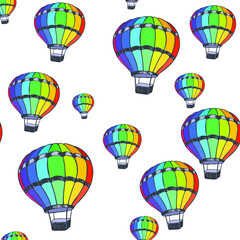 Hot air balloon isolated rinbow vector seamless pattern graphic design. Hotair baloon aircraft with basket. Hot air balloons aerostat flotilla childish illustration. Sport travelling print