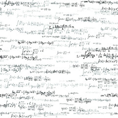 Mathematical formulas hand drawn black signs on white background. Trigonometry, logarithm, geometry, arithmetic calculation math formulas with equations and mathmetical symbols seamless pattern