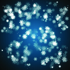 Winter snow scene with white snowflakes on indigo blue cold background. White snowflakes circles on dark blue night background. Christmas card backdrop, winter banner pattern