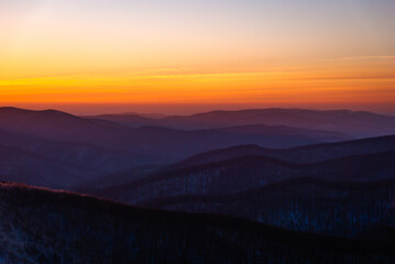 Mountain peaks in the setting sun, Bieszczady Mountains, Poland