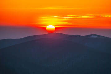 Mountain peaks in the setting sun, Bieszczady Mountains, Poland