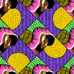 Unusual seamless pattern with abstract handmade elements and beautiful African American women