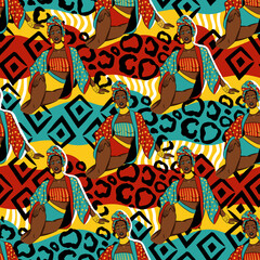 seamless pattern with beautiful black women in a kimono and swimsuit rests among abstract waves with an original ornament