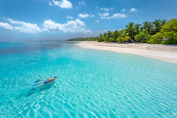 Summer water sport, couple activity. Beautiful seascape coast, nature landscape tourism travel...
