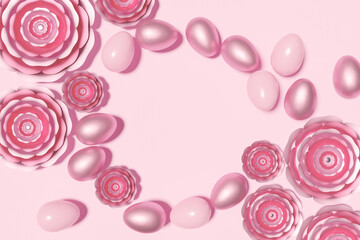 3d render of monochrome pink Easter eggs with flowers on a pink background