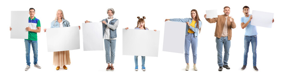 Different people with blank posters on white background