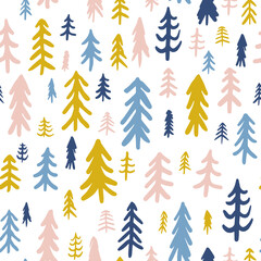 Obraz premium Christmas tree seamless repeat pattern. Vector, hand drawn fir trees forest all over surface print on white background.