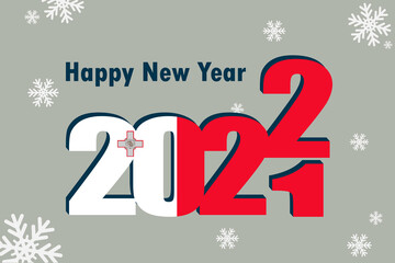 New year's card 2022. Depicted: element of the flag of Malta, festive inscription and snowflakes. It can be used as an advertising poster, postcard, flyer, invitation, or website.