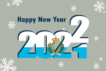 New year's card 2022. Depicted: element of the flag of San Marino, festive inscription and snowflakes. It can be used as an advertising poster, postcard, flyer, invitation, or website.