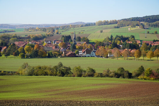 Panorama View of the village Stroit, a locality of Einbeck in district of Northeim, southern Lower Saxony, Germany.