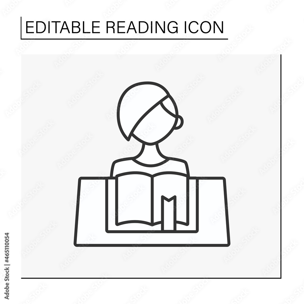 Poster reading line icon. woman sitting near a table with an opened book. learning process. library. readin