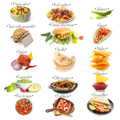 Collection of popular Mexican food on white background